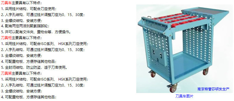 刀具車主要具有以下特點： 1. 采用掛片結(jié)構(gòu)，可配合刀座使用； 2. 人字孔結(jié)構(gòu)，可通過掛片調(diào)整刀座為0、15、30度； 3. 全螺紋結(jié)構(gòu)，安裝方便； 4. 配有兩定兩活剎聚氨脂腳輪； 5. 并可以配有文件夾、置物臺等，方便操作。 刀具柜主要具有以下特點： 1. 采用掛片結(jié)構(gòu)，可配合ISO系列、 HSK系列刀座使用； 2. 人字孔結(jié)構(gòu)，可通過掛片調(diào)整刀座為0、15、30度； 3. 全螺紋結(jié)構(gòu)，安裝方便； 4. 可配置物板，方便存儲其他物品； 5. 全封閉結(jié)構(gòu)，防塵防盜，適于刀庫使用。 刀具架主要具有以下特點： 1. 采用掛片結(jié)構(gòu)，可配合ISO系列、 HSK系列刀座使用； 2. 人字孔結(jié)構(gòu)，可通過掛片調(diào)整刀座為0、15、30度； 3. 全螺紋結(jié)構(gòu)，安裝方便； 4. 可配置物板，方便存儲其他物品；